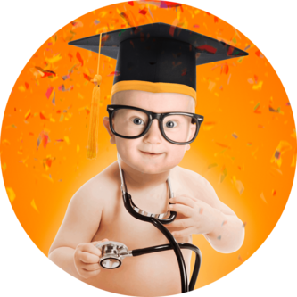 winning baby with hat and dressed as a doctor